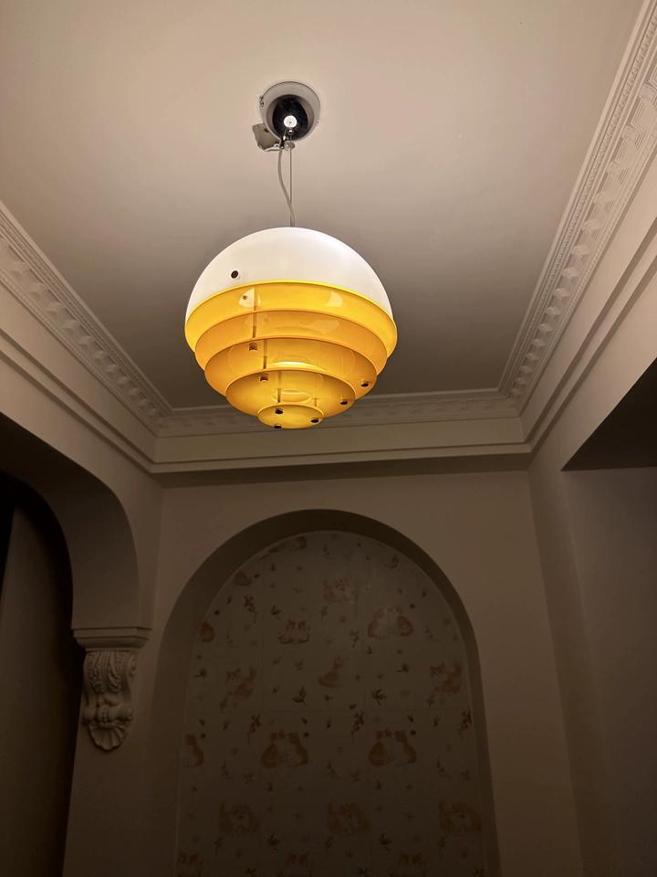 Real review image of the pendant lamp on a decorated ceiling