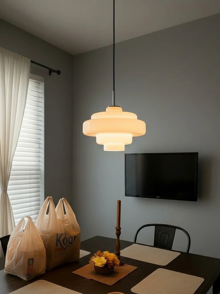 Customer dining area with white pendant light