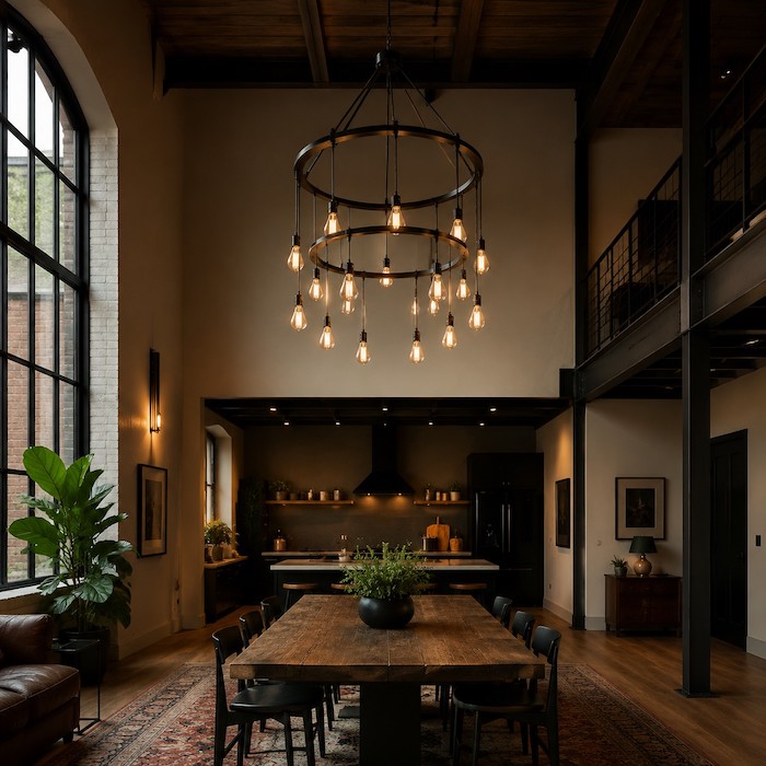 high-ceiling-industrial-exposed-bulb-chandelier