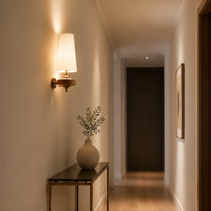 low-profile-wood-sconce-narrow-hallway