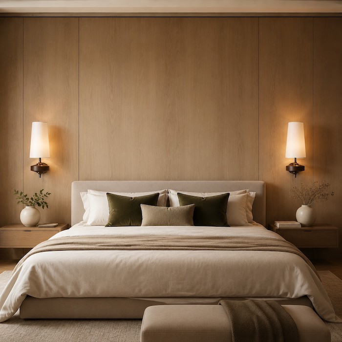matching-pair-sconces-primary-bedroom-wood-wall