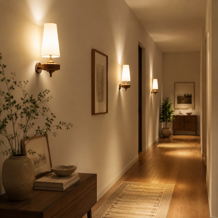 multiple-wood-sconces-hallway-lighting