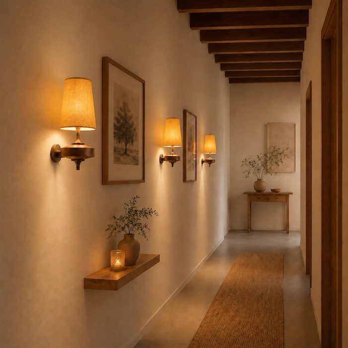 multiple-wood-sconces-hallway-spacing