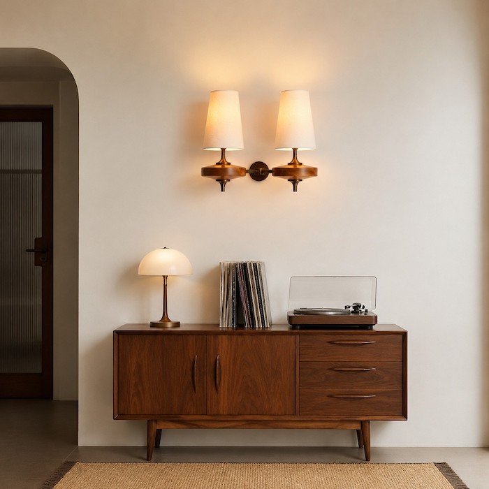 mid-century-modern-entryway-with-multiple-wall-lamps