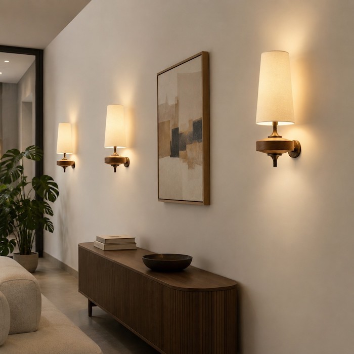 multiple-wood-sconces-hallway-living-room-lighting