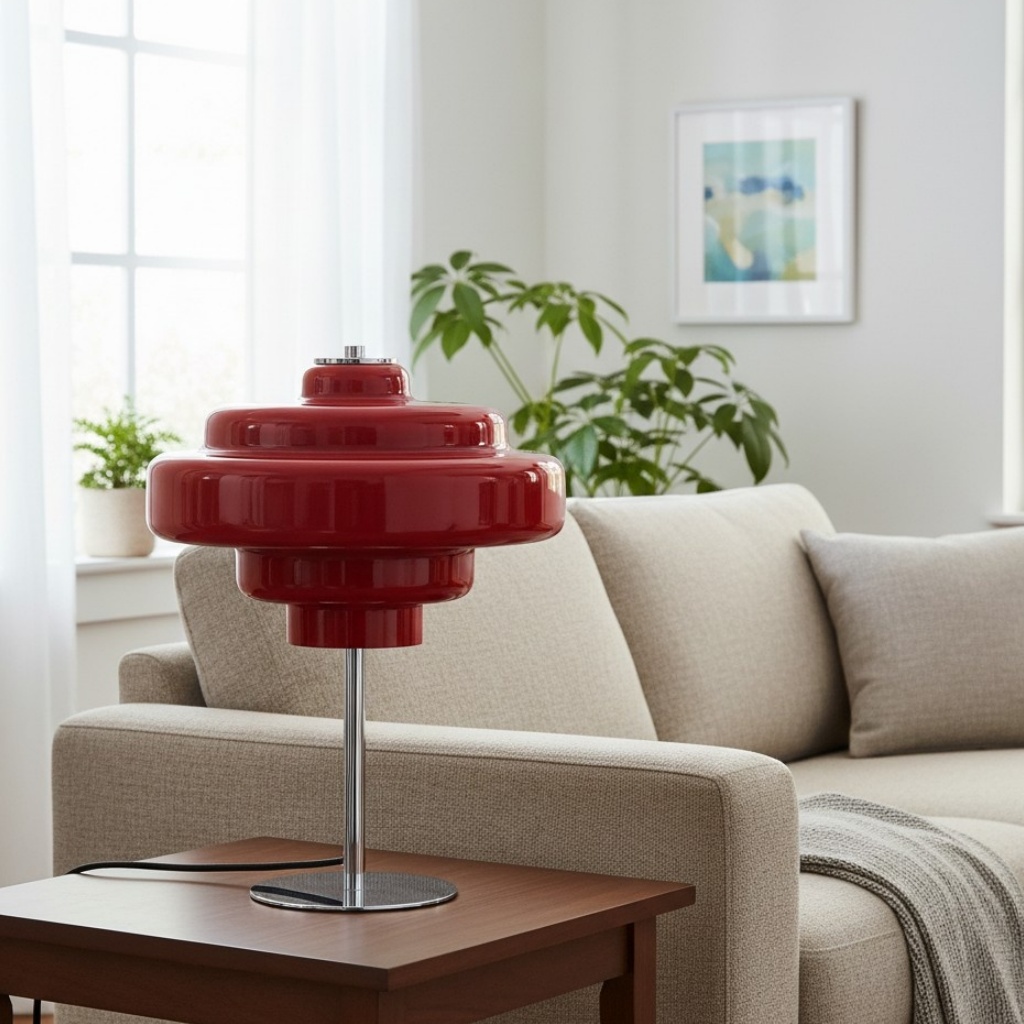 Red Koloro lamp on a living room table