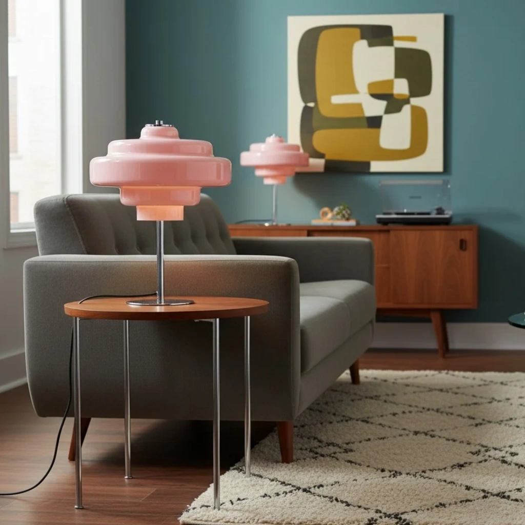 Pink Koloro lamps in a retro living room