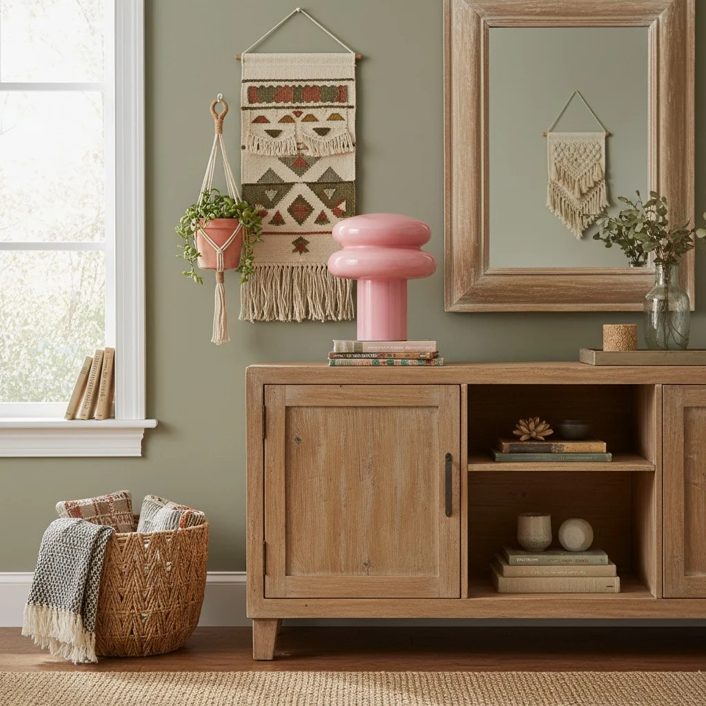 Pink Small Opal Table Lamp styled on a cabinet