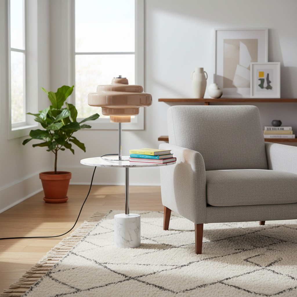 Taupe Koloro lamp beside a lounge chair