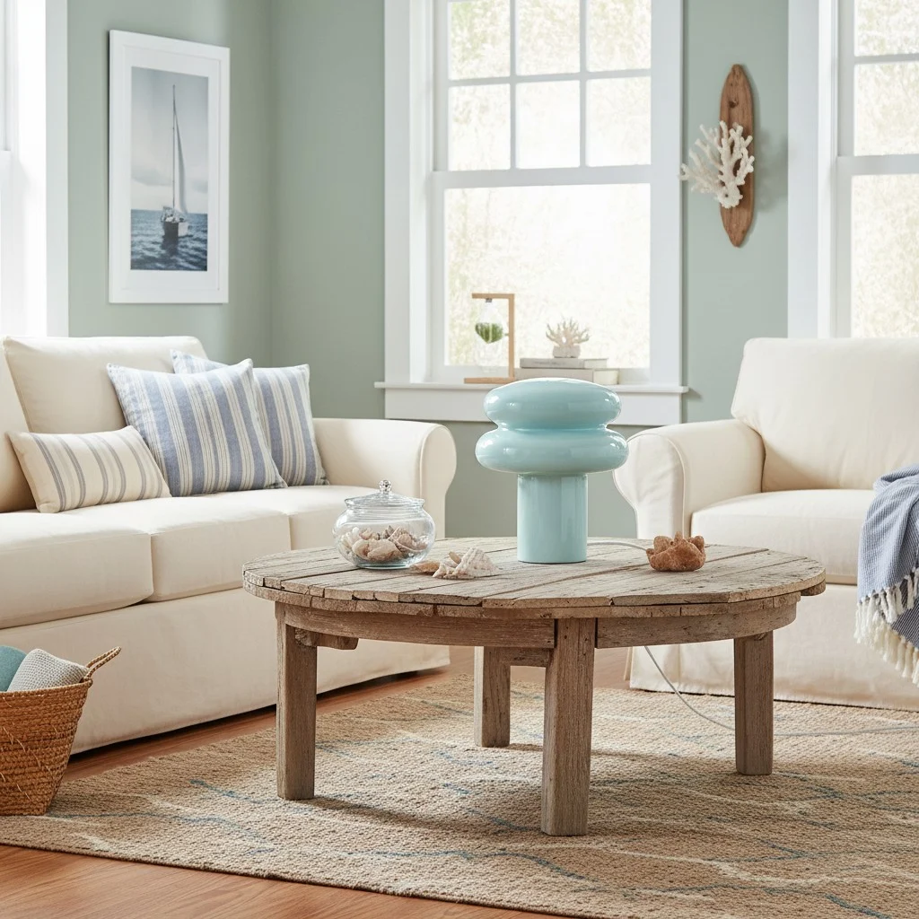 Blue Small Opal Table Lamp on a coffee table