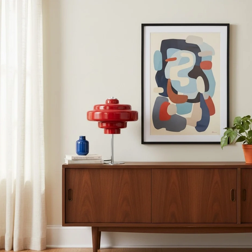 Red Koloro lamp on a sideboard