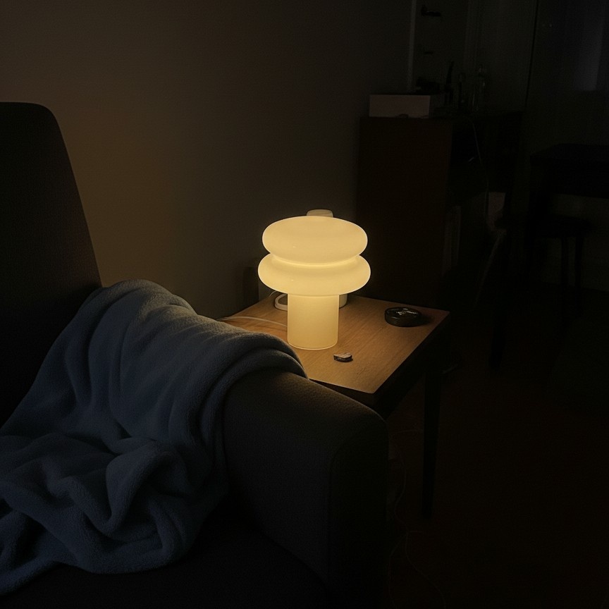 Customer photo of glowing Small Opal Table Lamp at night