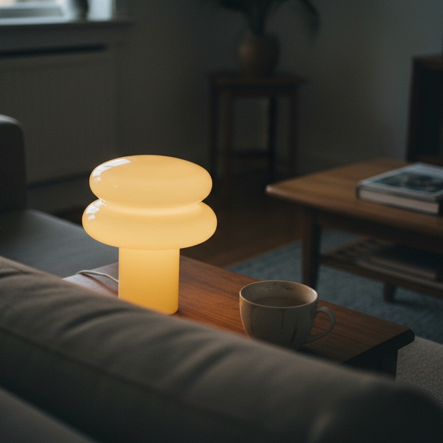 Customer photo of glowing Small Opal Table Lamp in a living room