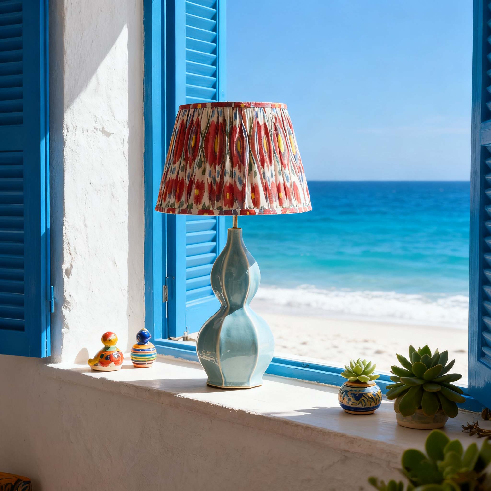 Thalune table lamp placed on a sunny window ledge overlooking the sea