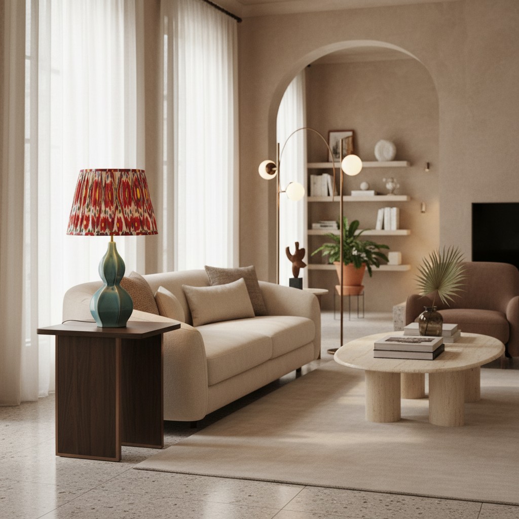 Thalune lamp styled beside a sofa in a living room