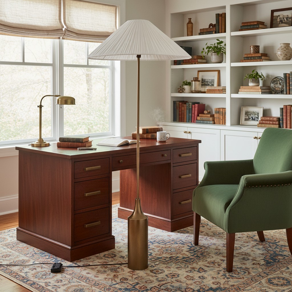 Lindi floor lamp styled beside a desk
