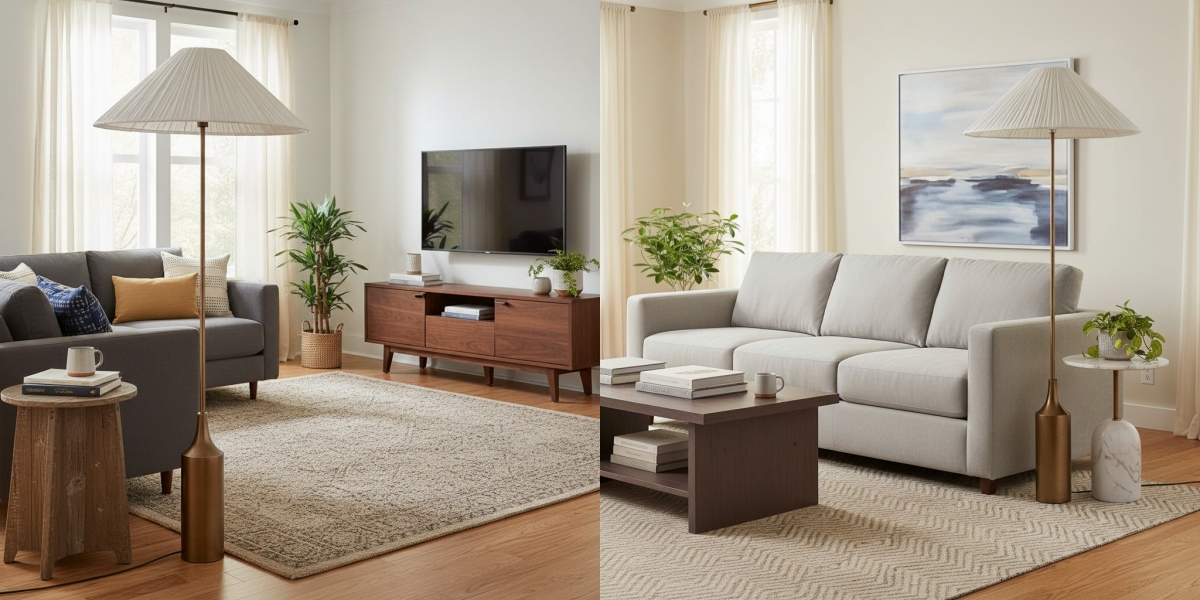 Lindi Brass Fabric Floor Lamp in a living room