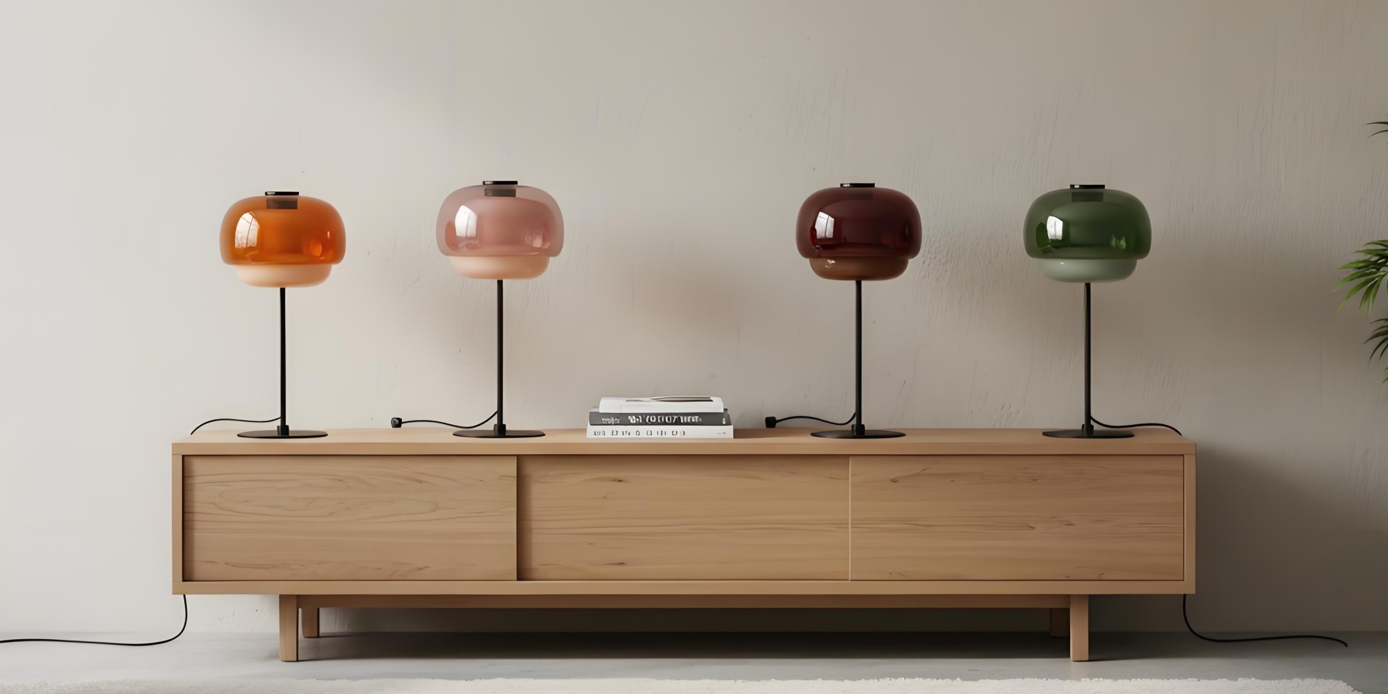 Clinco mushroom glass table lamps displayed on a console