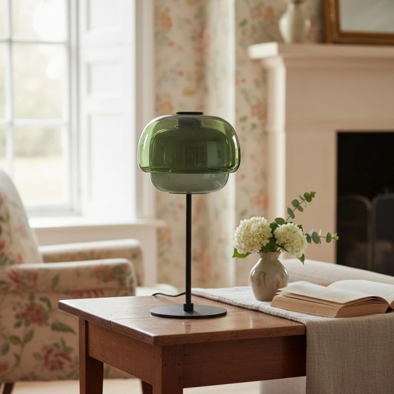Green Clinco table lamp beside a sofa