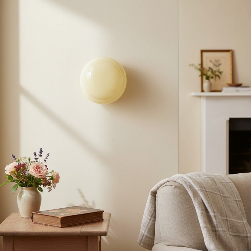 Opal glass wall lamp above a console