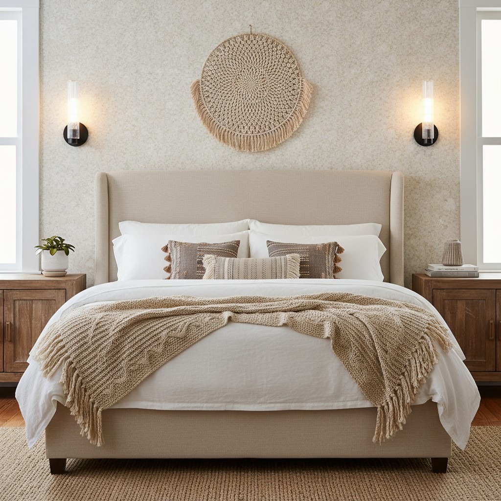 Rivora sconces framing a bedroom headboard