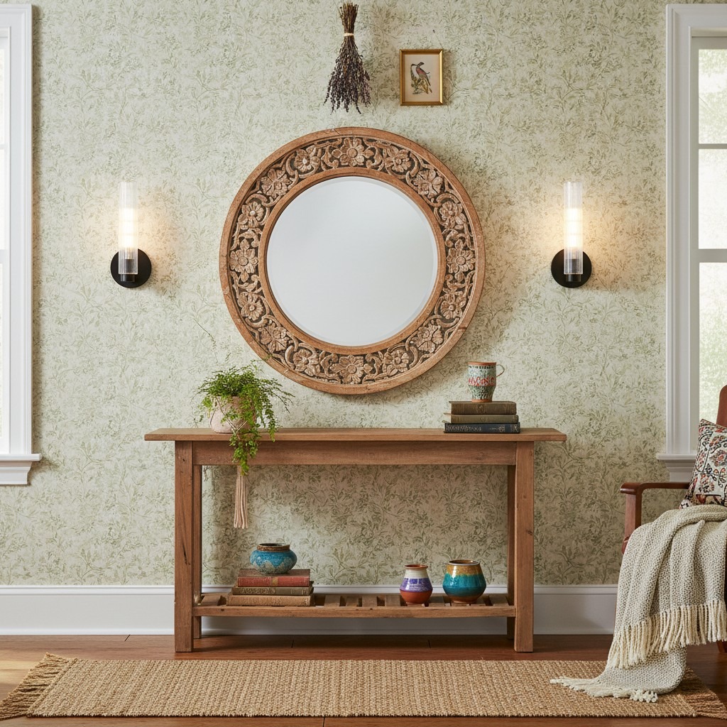 Rivora wall sconces beside a decorative mirror