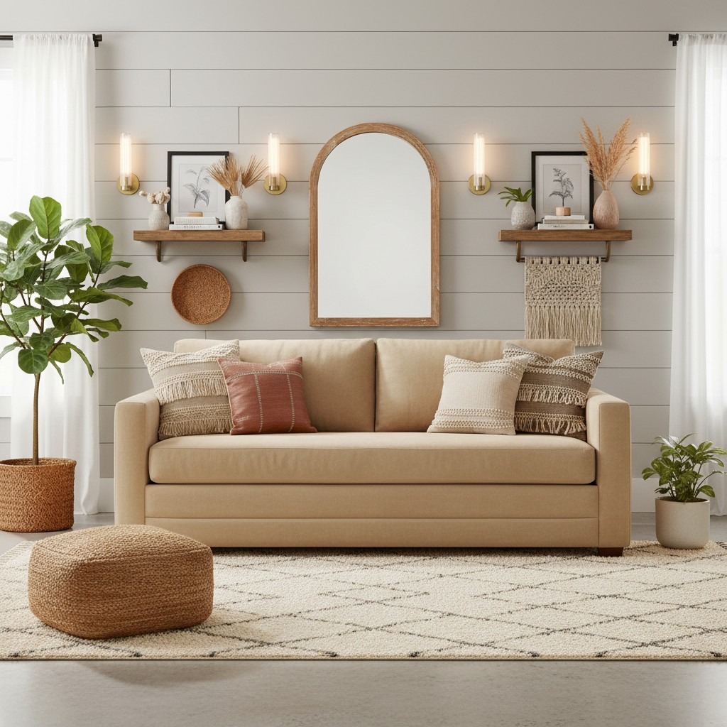 Rivora wall sconces styled around a living room mirror