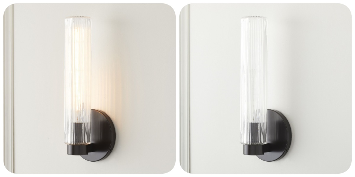Rivora wall sconce shown with light on and off