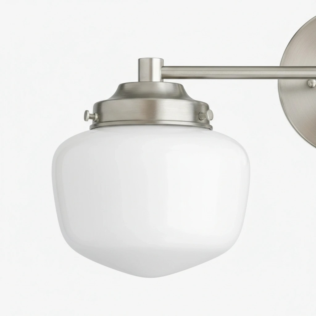 Milk glass shade close-up in brushed nickel finish