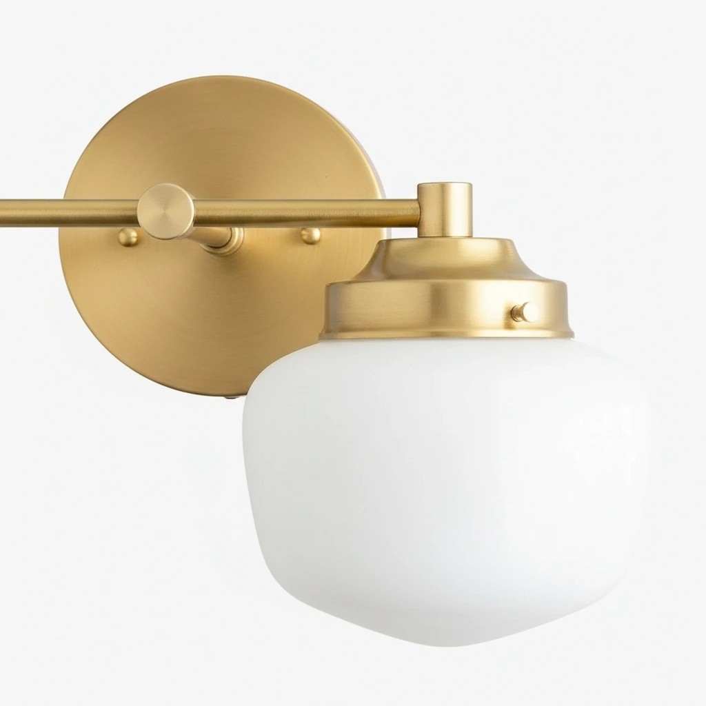 Milk glass shade close-up in brass finish