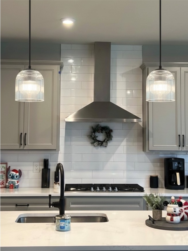 Customer kitchen installation with two ribbed glass pendants