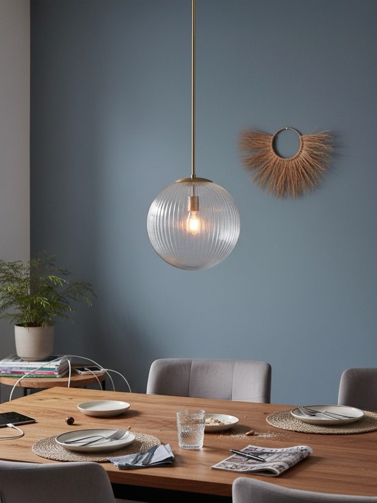 Bravira pendant light above a dining table in blue room