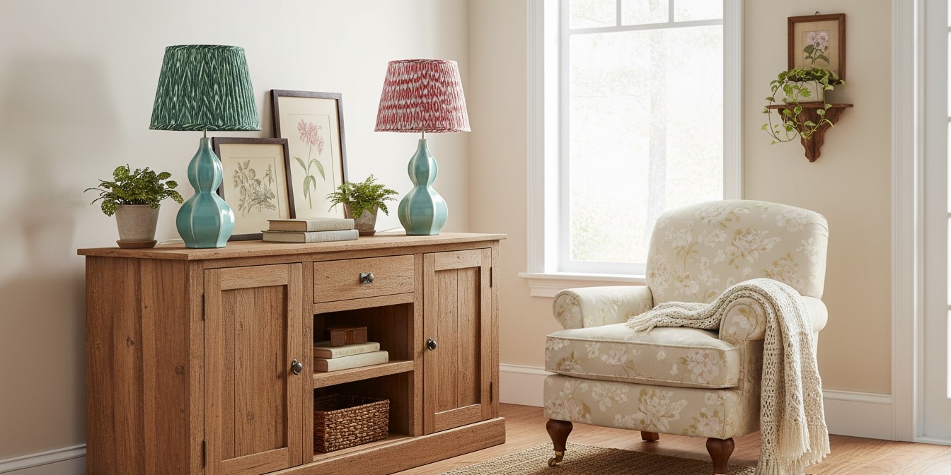 Thalune ceramic table lamps styled on a wooden cabinet in a bright living room