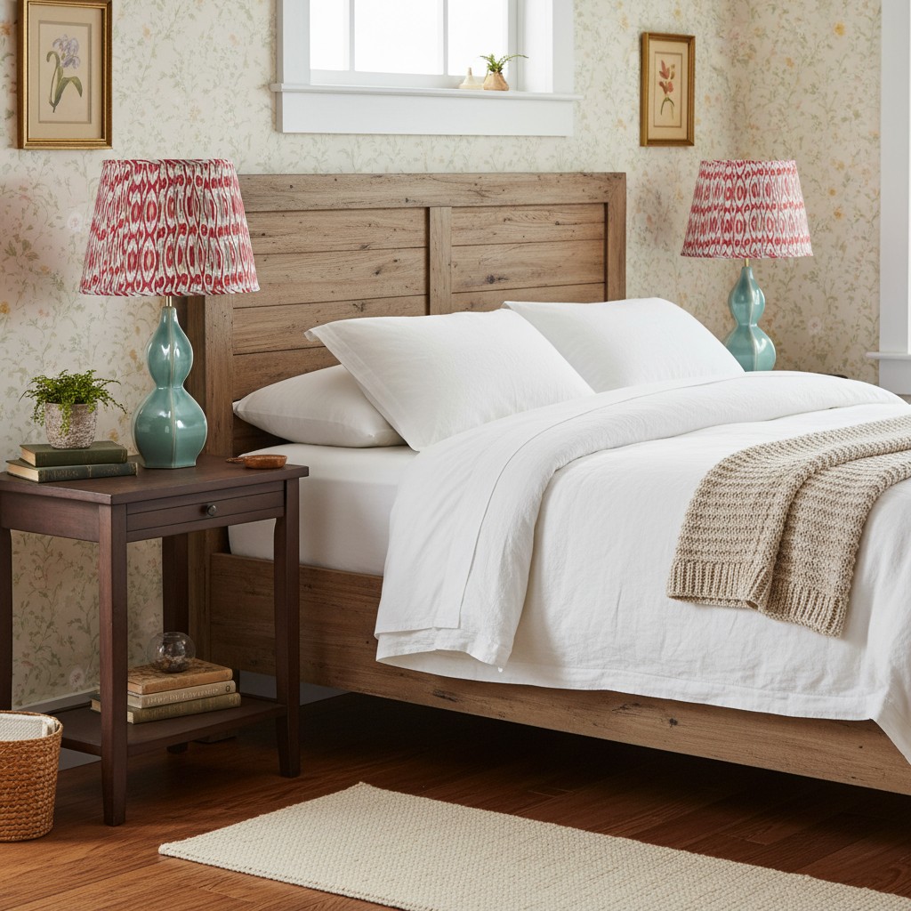 Thalune table lamp on a bedroom nightstand with red patterned shade