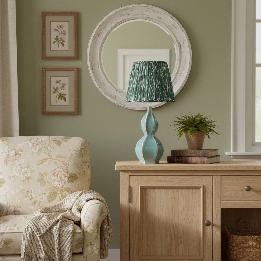 Thalune table lamp on a cabinet beside an armchair