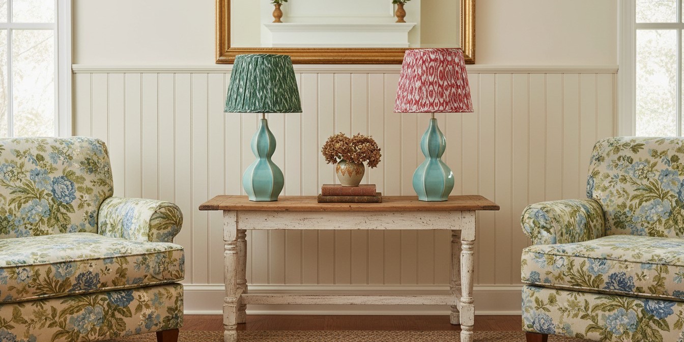 Two Thalune lamps with green and red patterned shades in a coastal living room
