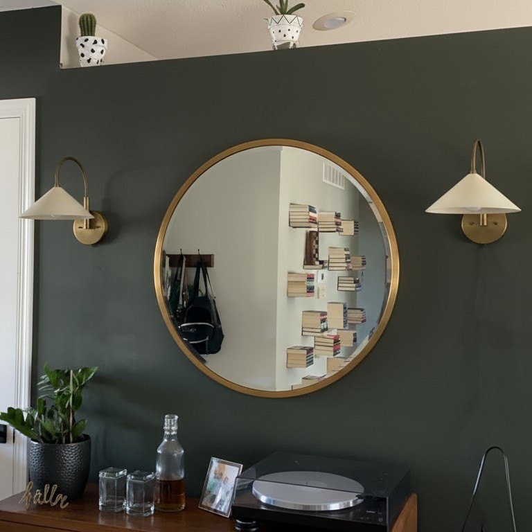 Customer photo of Curva wall sconces beside a round mirror