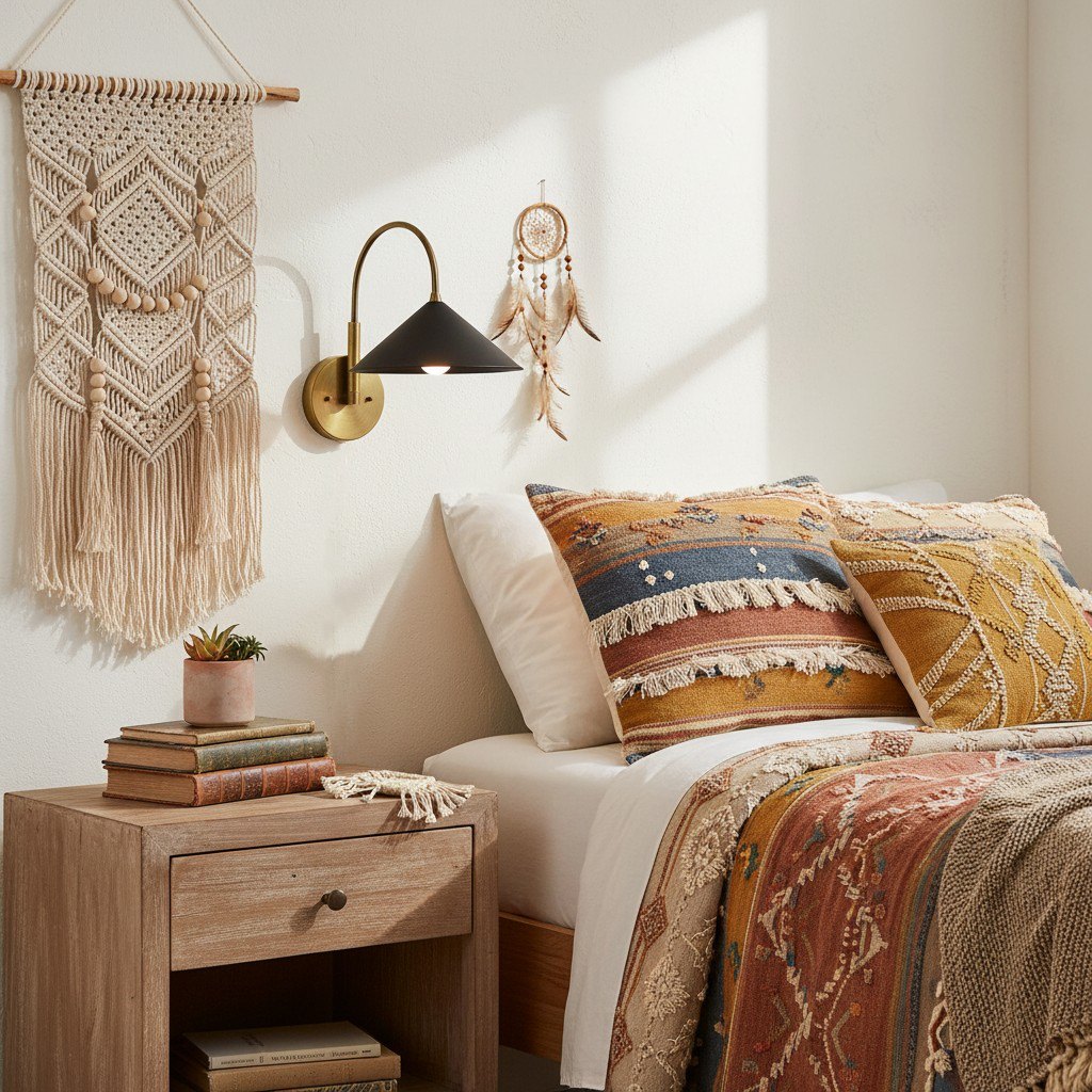 Curva sconce beside a bed