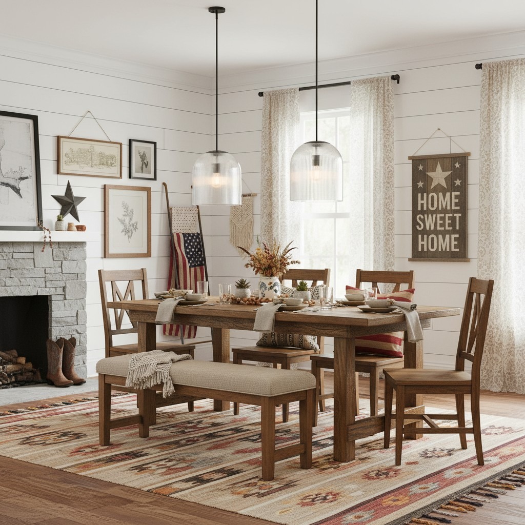 Pendant lights in a farmhouse dining room