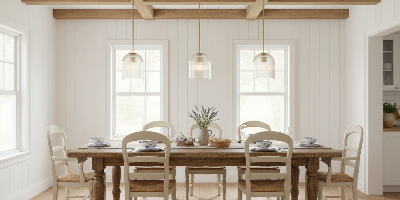 Bravira ribbed glass pendant lights above a dining table