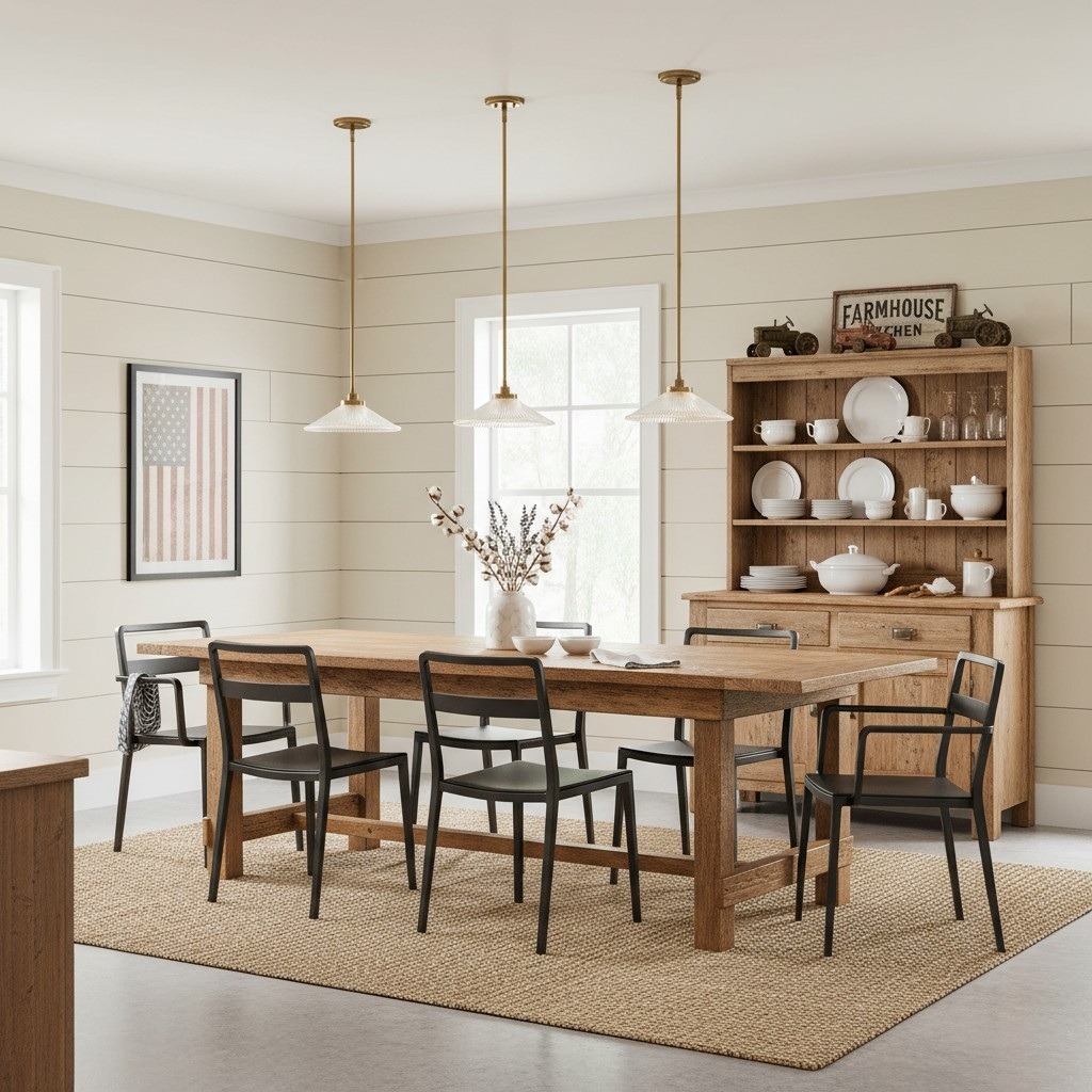 Brass pendant lights over a dining table