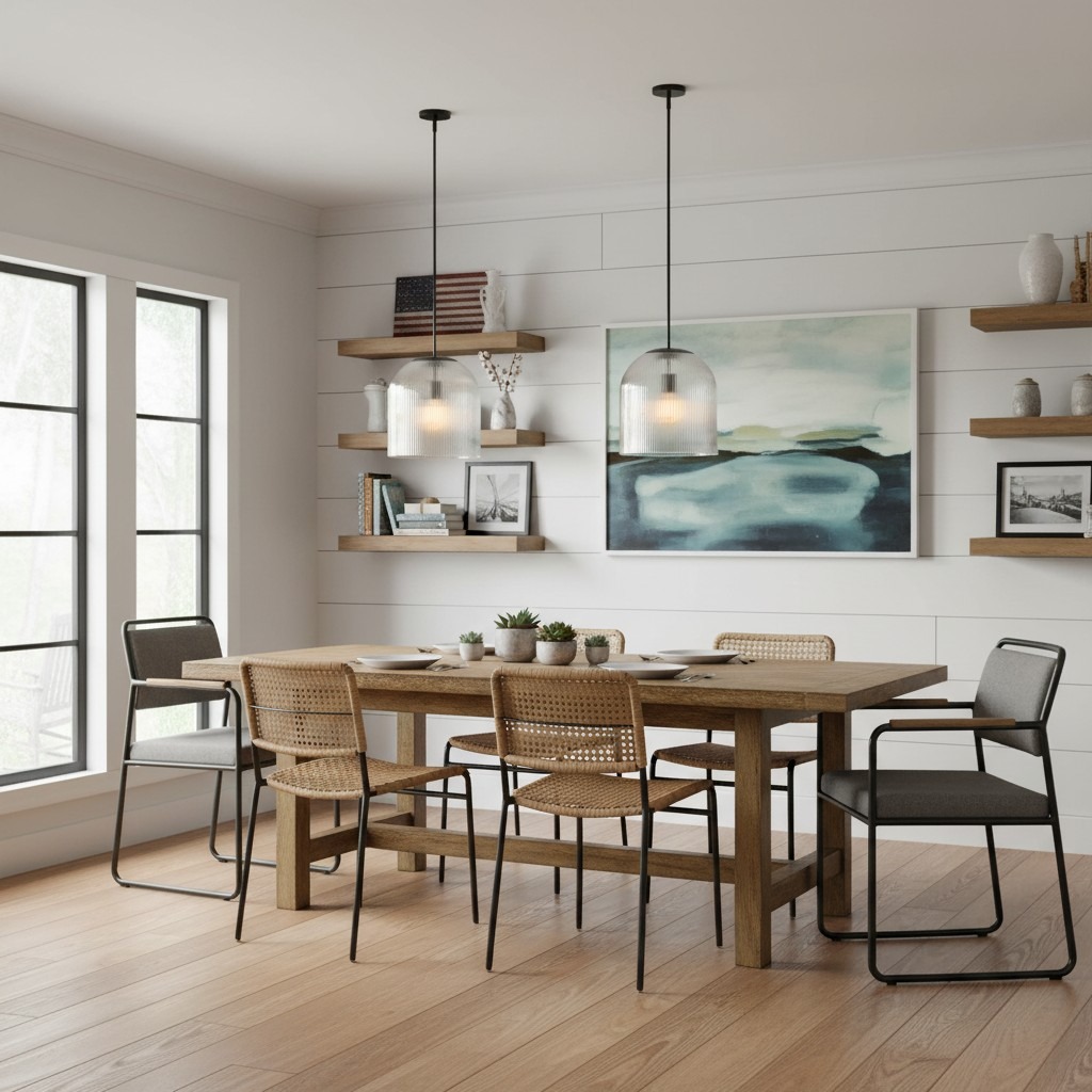 Black pendant lights over a dining table