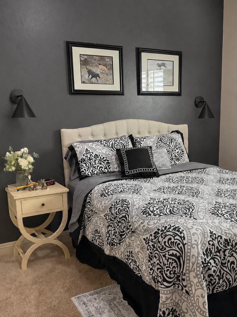 Customer bedroom with matte black Brivana wall lamps
