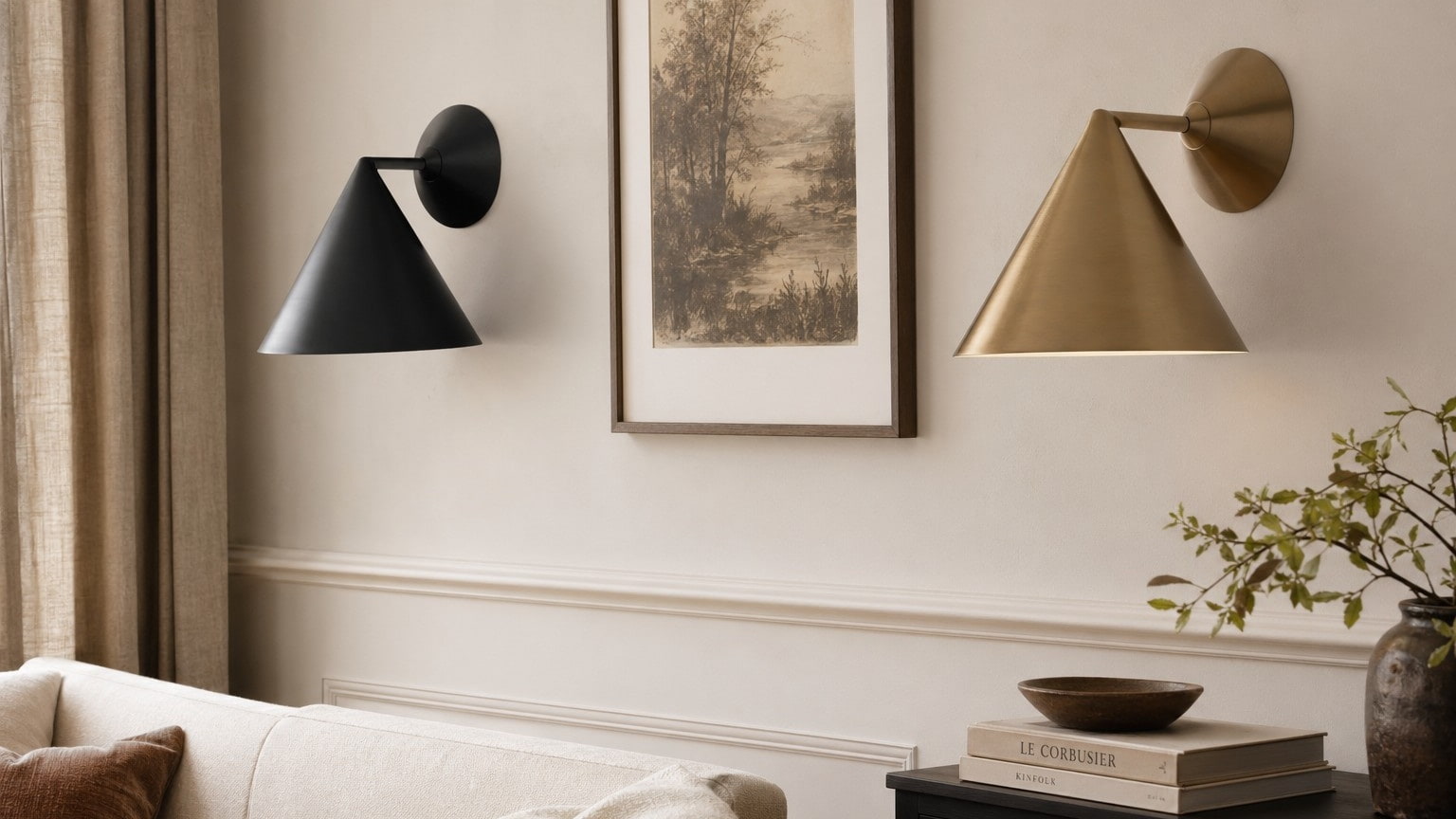 Matte black and champagne Brivana wall lamps shown together