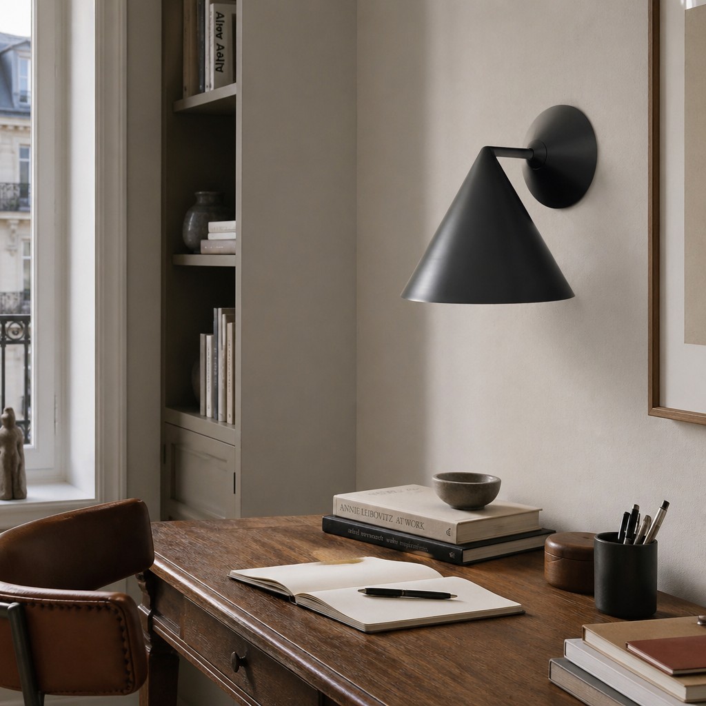 Matte black Brivana wall lamp beside a desk
