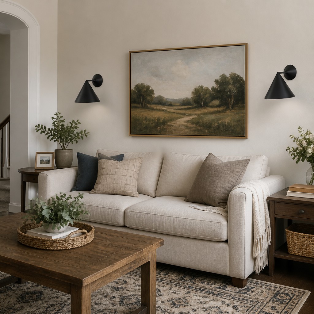 Pair of matte black Brivana wall lamps in a living room