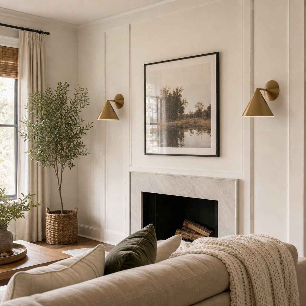 Champagne Brivana wall lamp in a cozy fireplace room