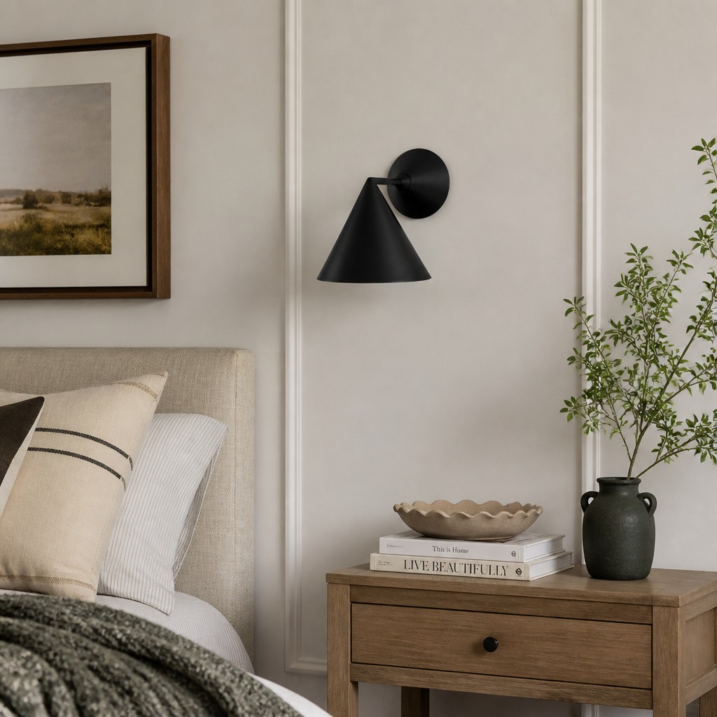 Matte black Brivana wall lamp beside a bed