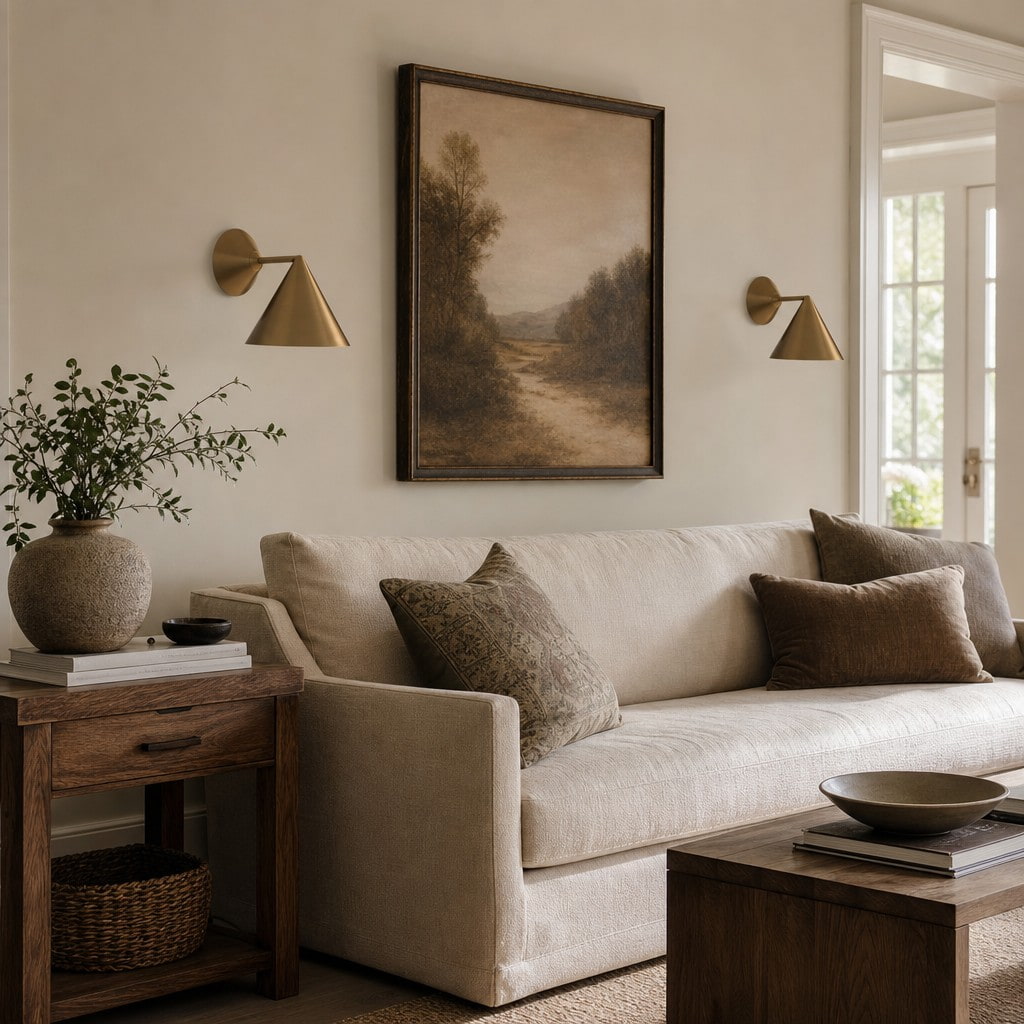 Brivana wall sconces above a living room sofa
