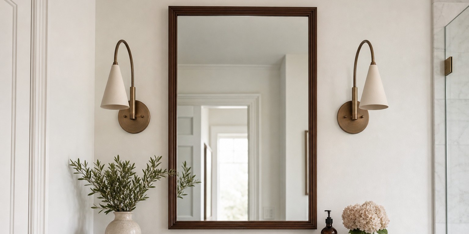 Curva vintage metal wall sconces beside a bathroom mirror